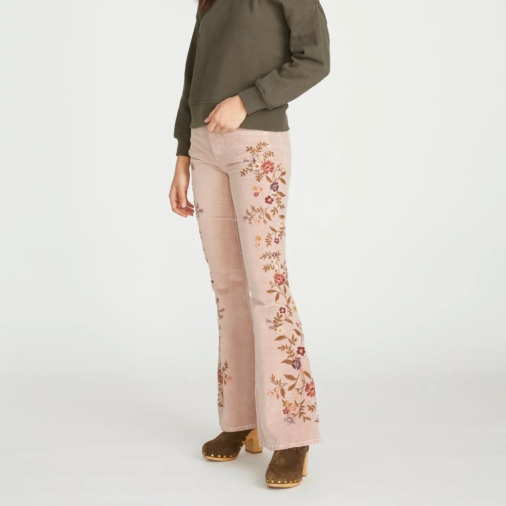 Free People Driftwood Dusty pink embroidered corduroy flare jeans 26